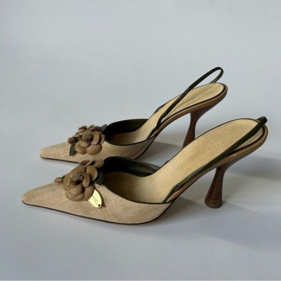 Vintage Chanel Beige Floral Embellished Sling Back Pointe Toe Heel Size 39 - Picture 5 of 9
